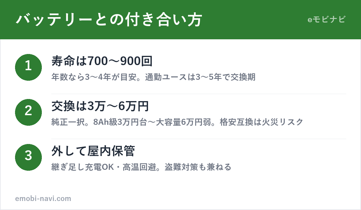 電動アシスト自転車のバッテリー寿命と付き合い方3ポイント（寿命の目安・交換費用・長持ちのコツ）の図解
